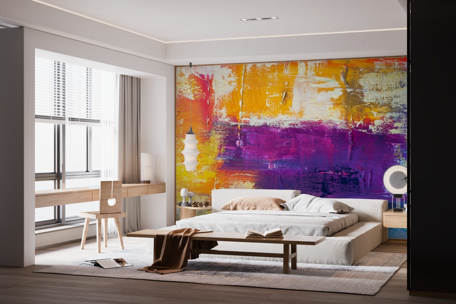 Papier peint chalet au bord de l'étang au coucher du soleil