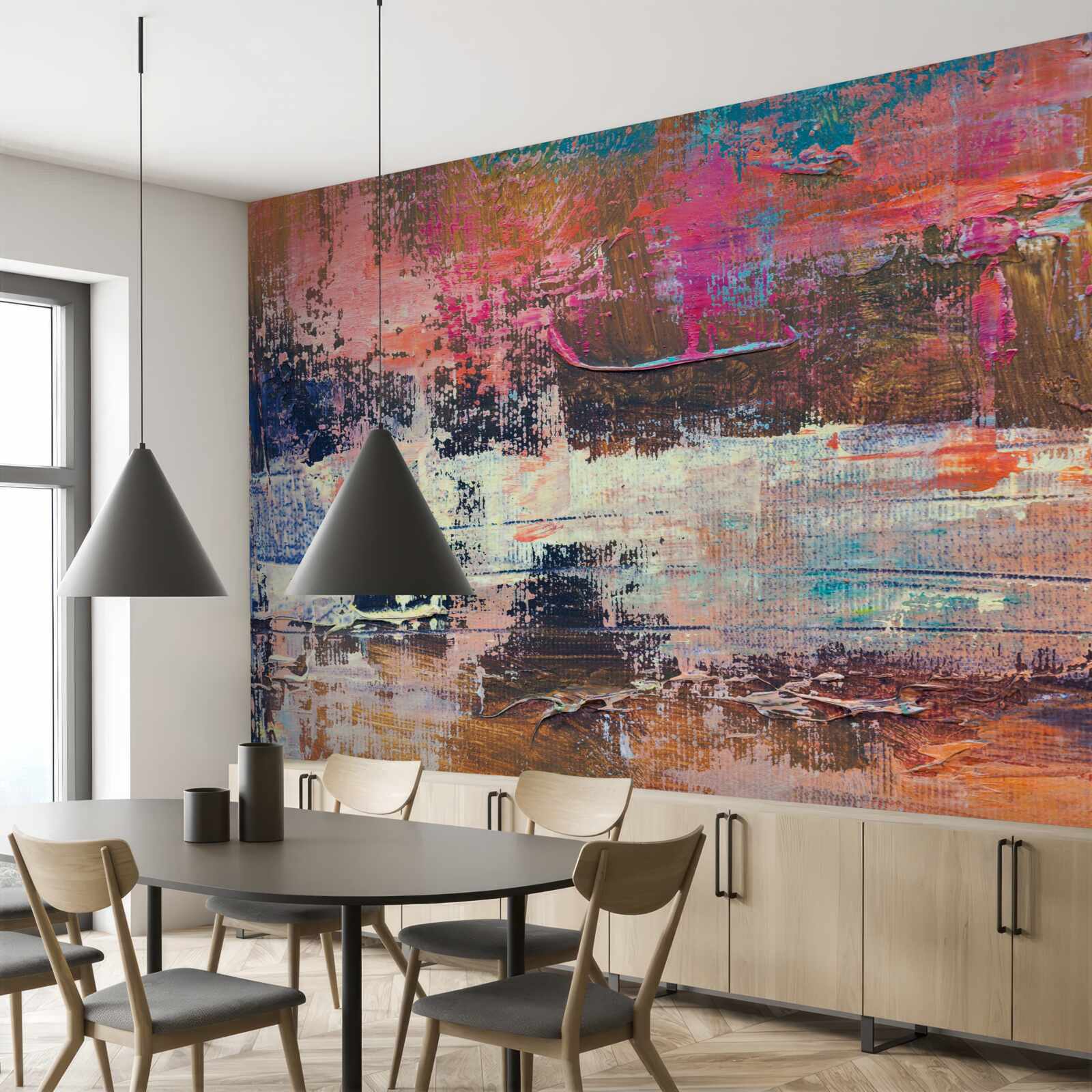 Papier peint coucher de soleil dans la forêt, peint dans des tons roses