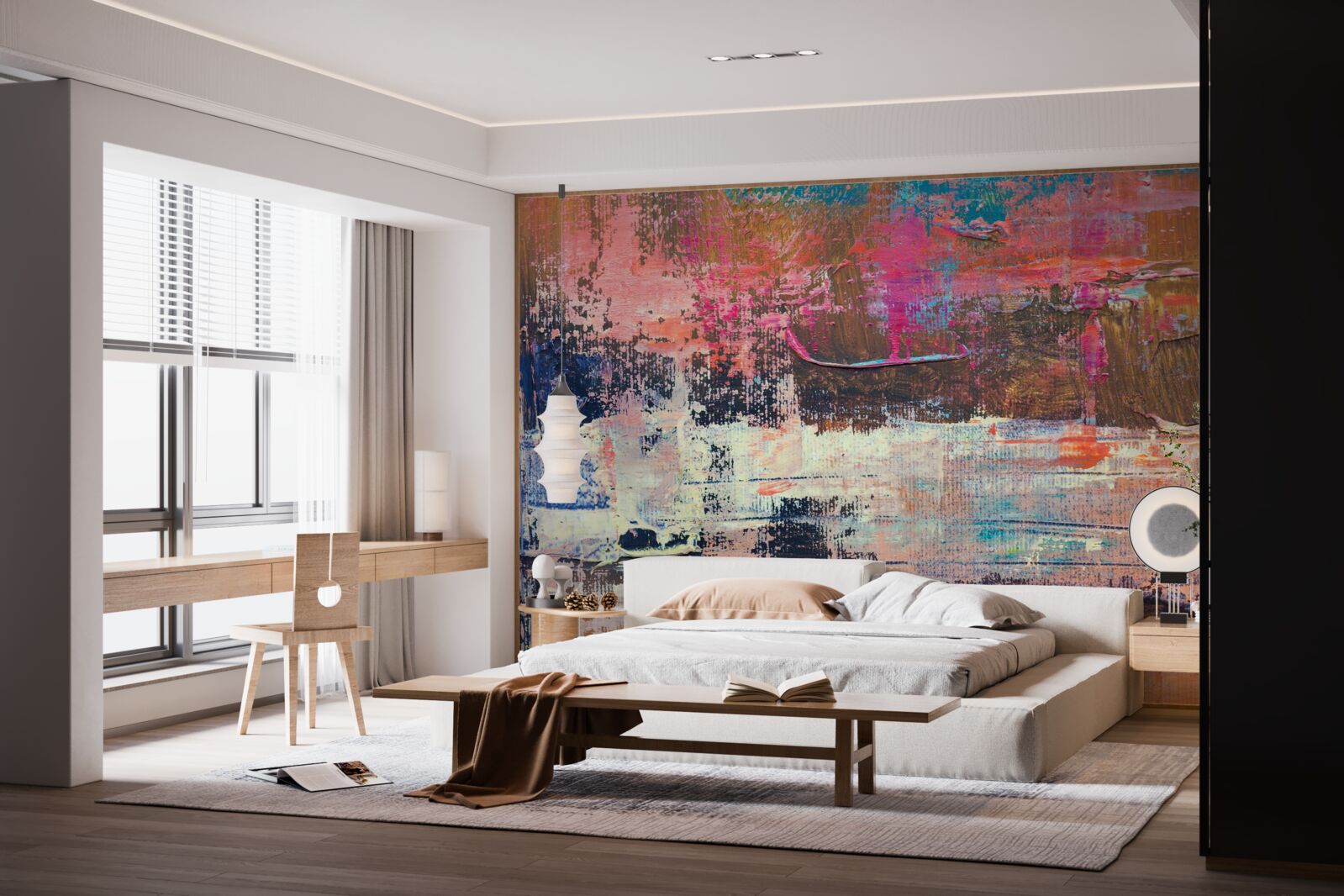 Papier peint coucher de soleil dans la forêt, peint dans des tons roses