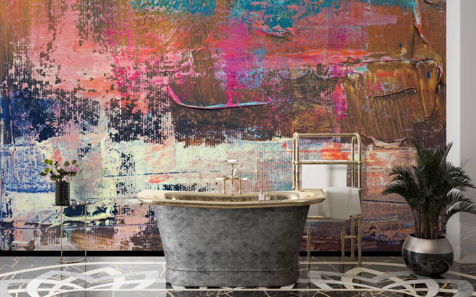 Papier peint coucher de soleil dans la forêt, peint dans des tons roses