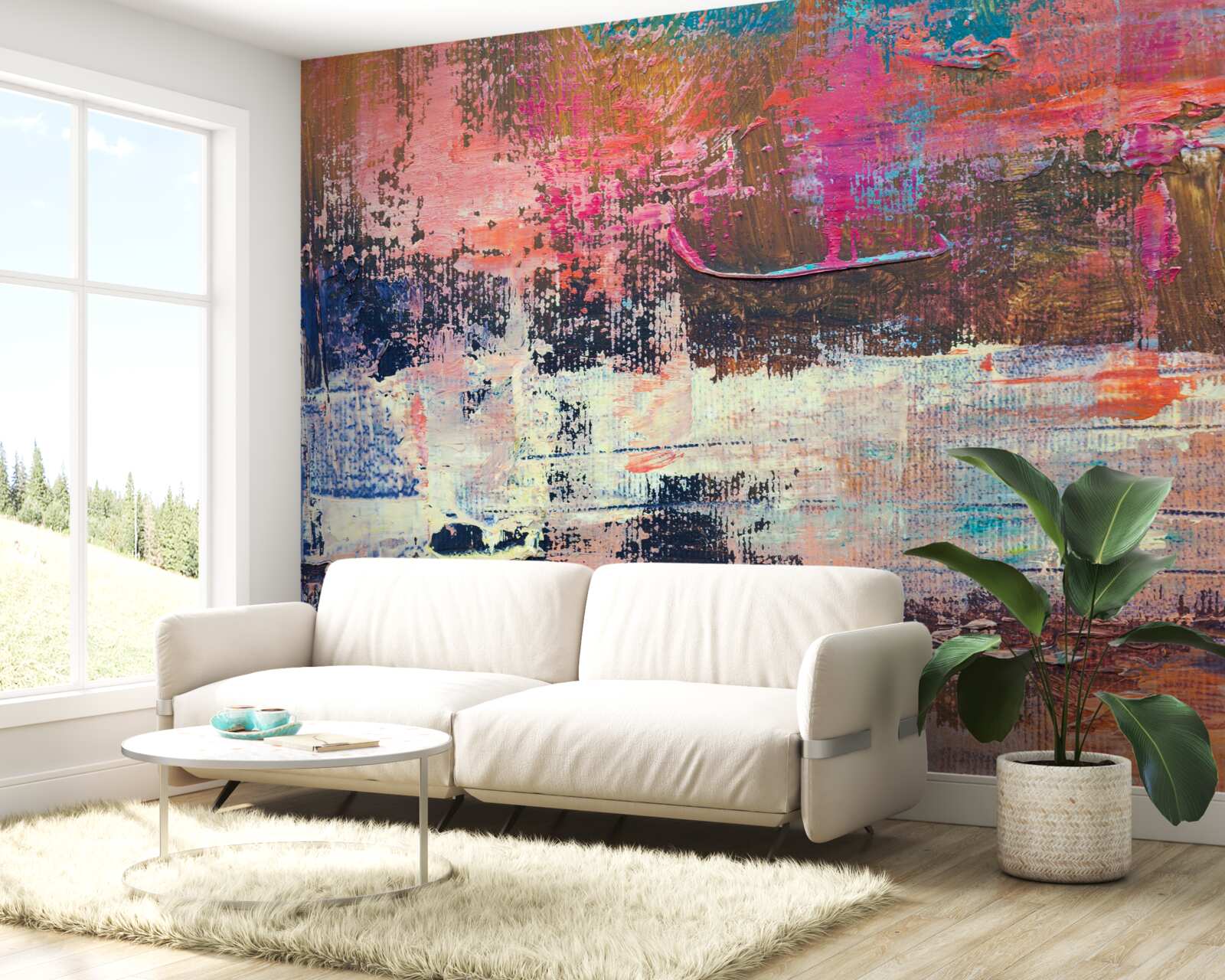 Papier peint coucher de soleil dans la forêt, peint dans des tons roses