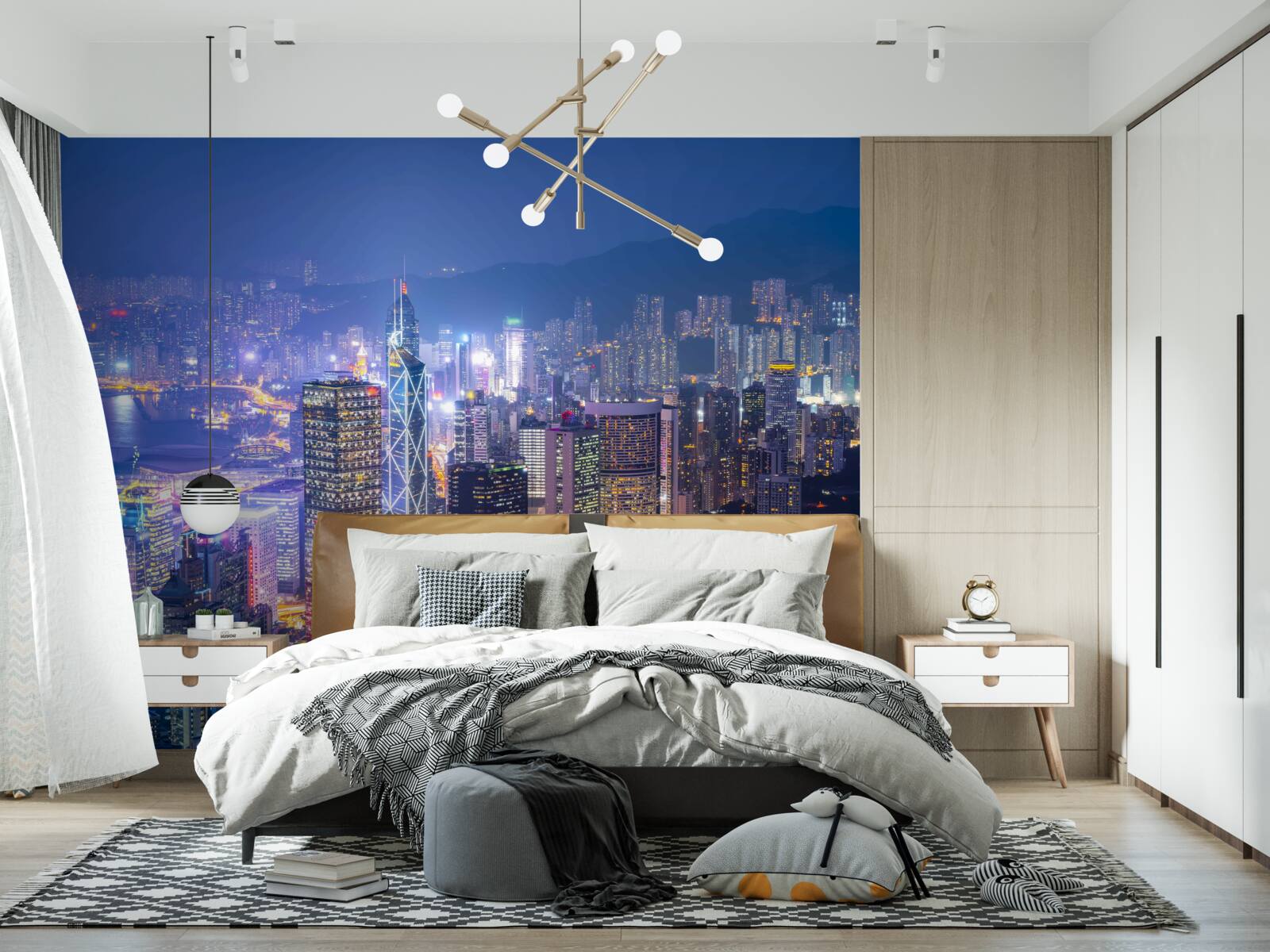 Papier peint vue panoramique de hong kong la nuit depuis la tour d'observation