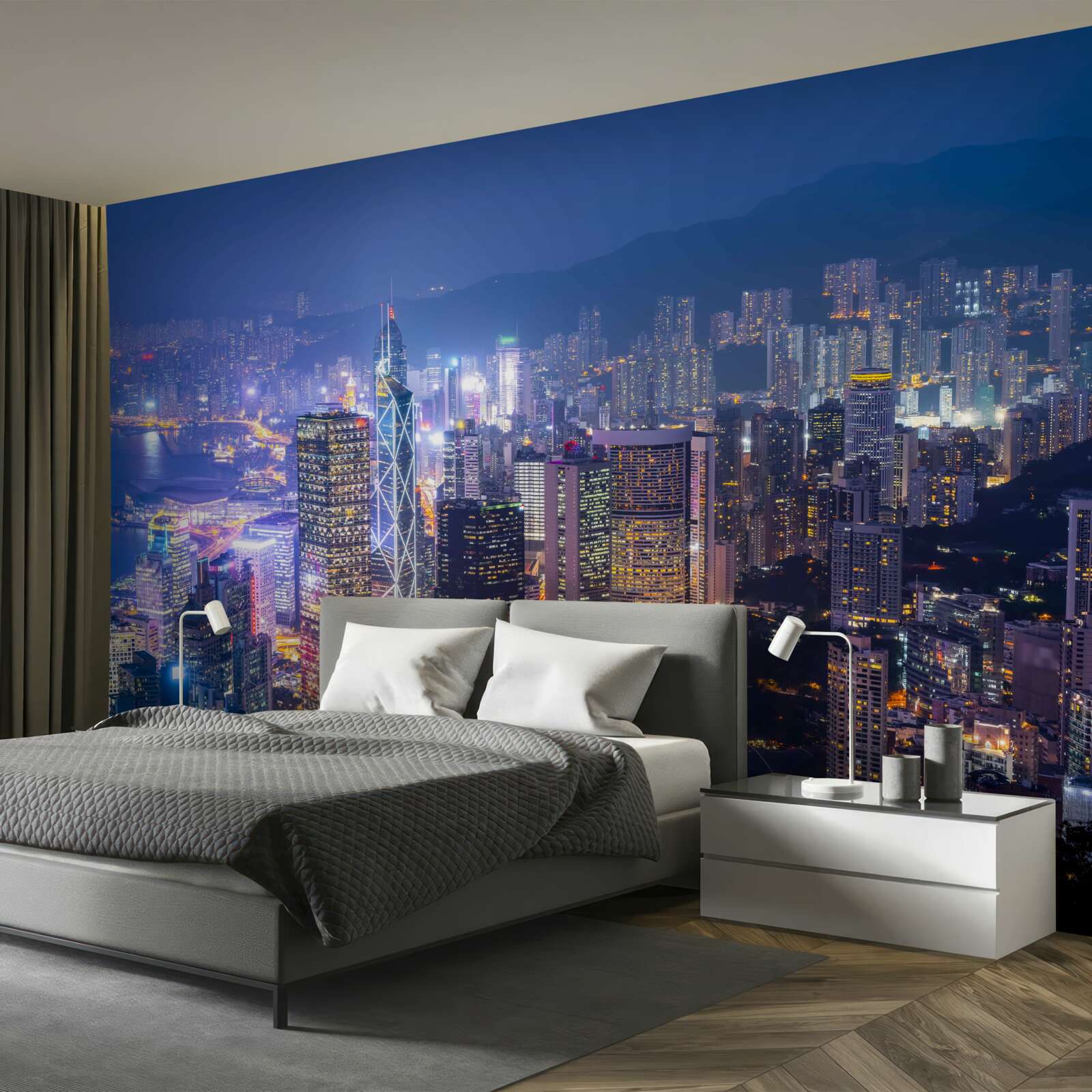 Papier peint vue panoramique de hong kong la nuit depuis la tour d'observation