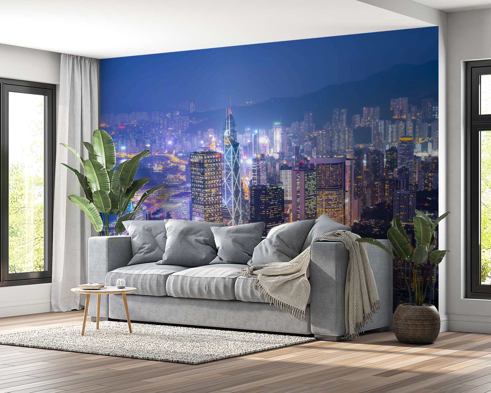 Papier peint vue panoramique de hong kong la nuit depuis la tour d'observation