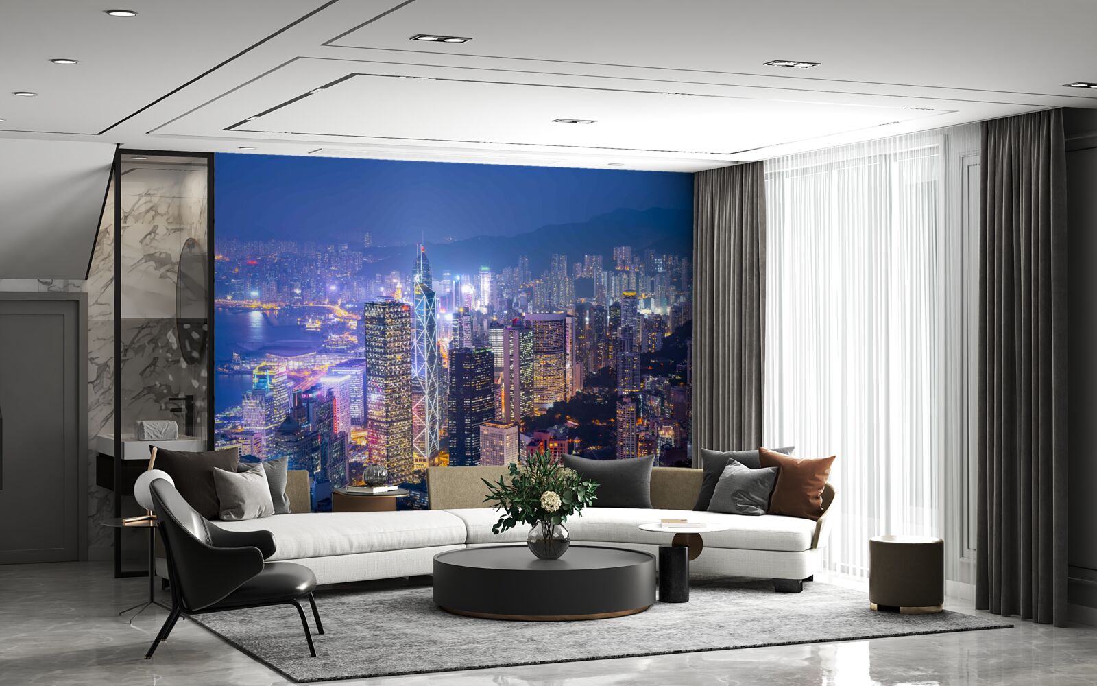 Papier peint vue panoramique de hong kong la nuit depuis la tour d'observation