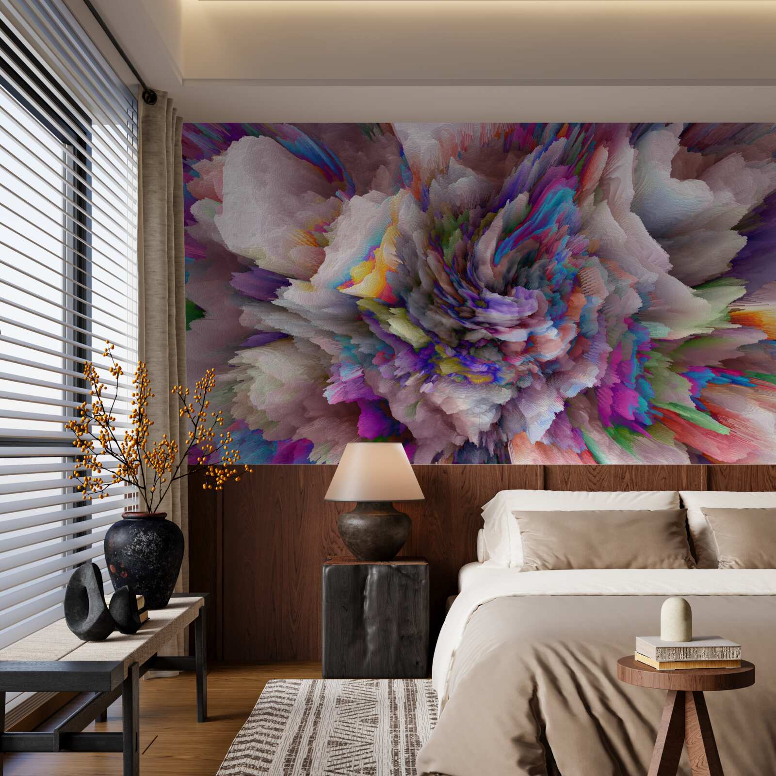 Papier peint fleur avec des nuances abstraites de l'arc-en-ciel