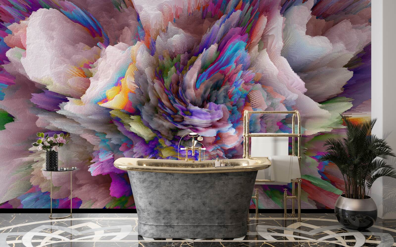 Papier peint fleur avec des nuances abstraites de l'arc-en-ciel