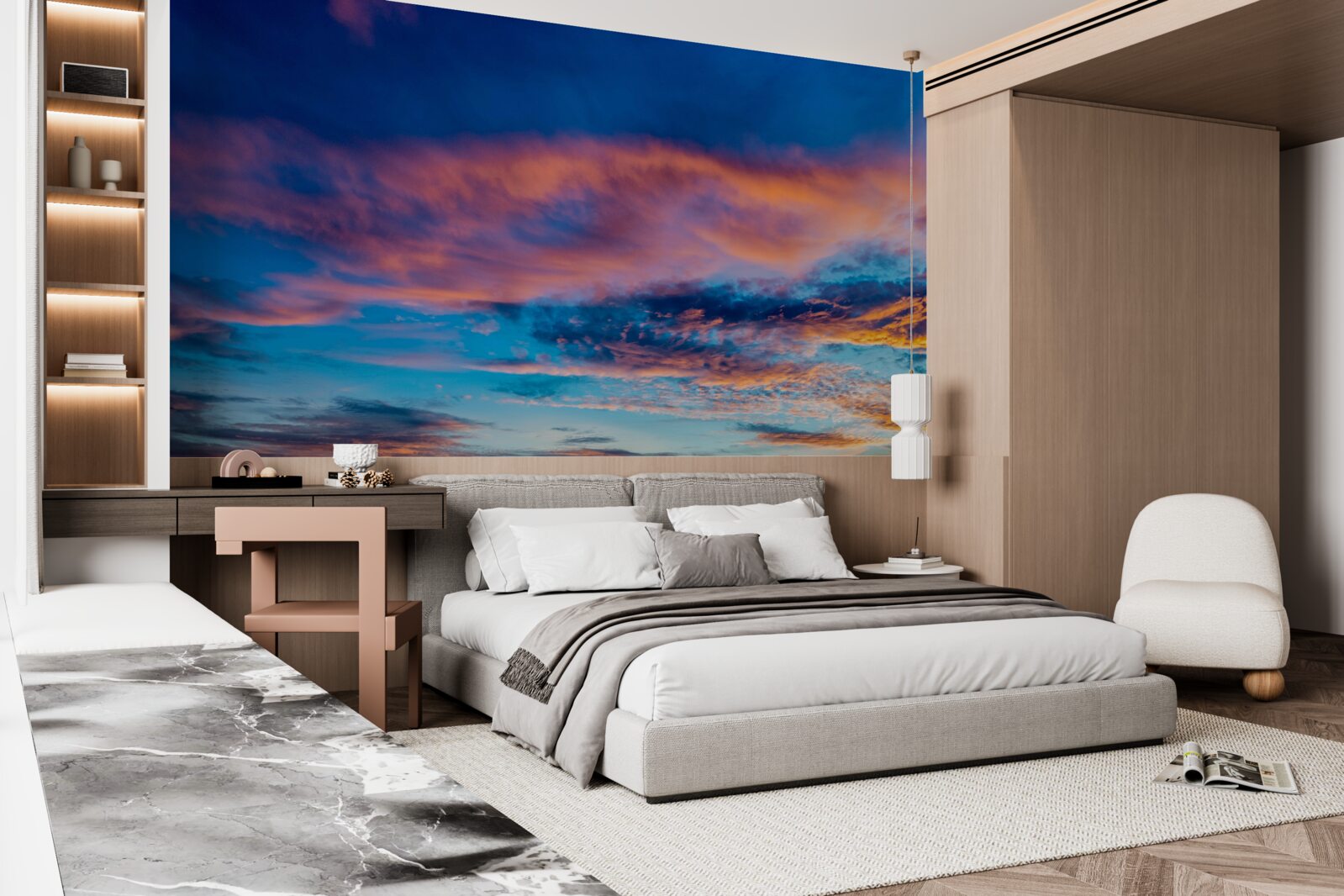 Papier peint nuages au coucher du soleil, ballottés par le vent