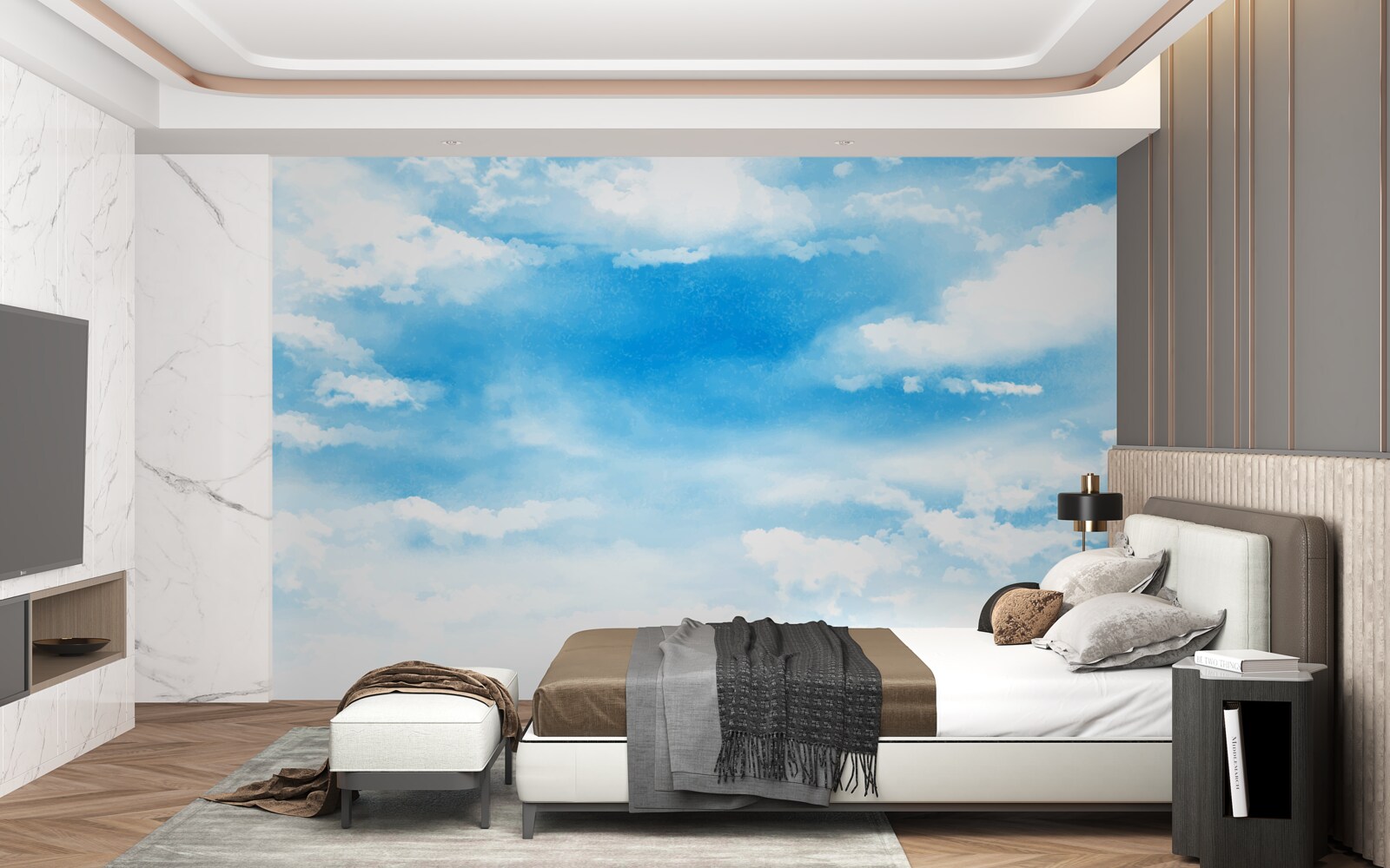 Papier peint le ciel bleu est orné de nuages blancs