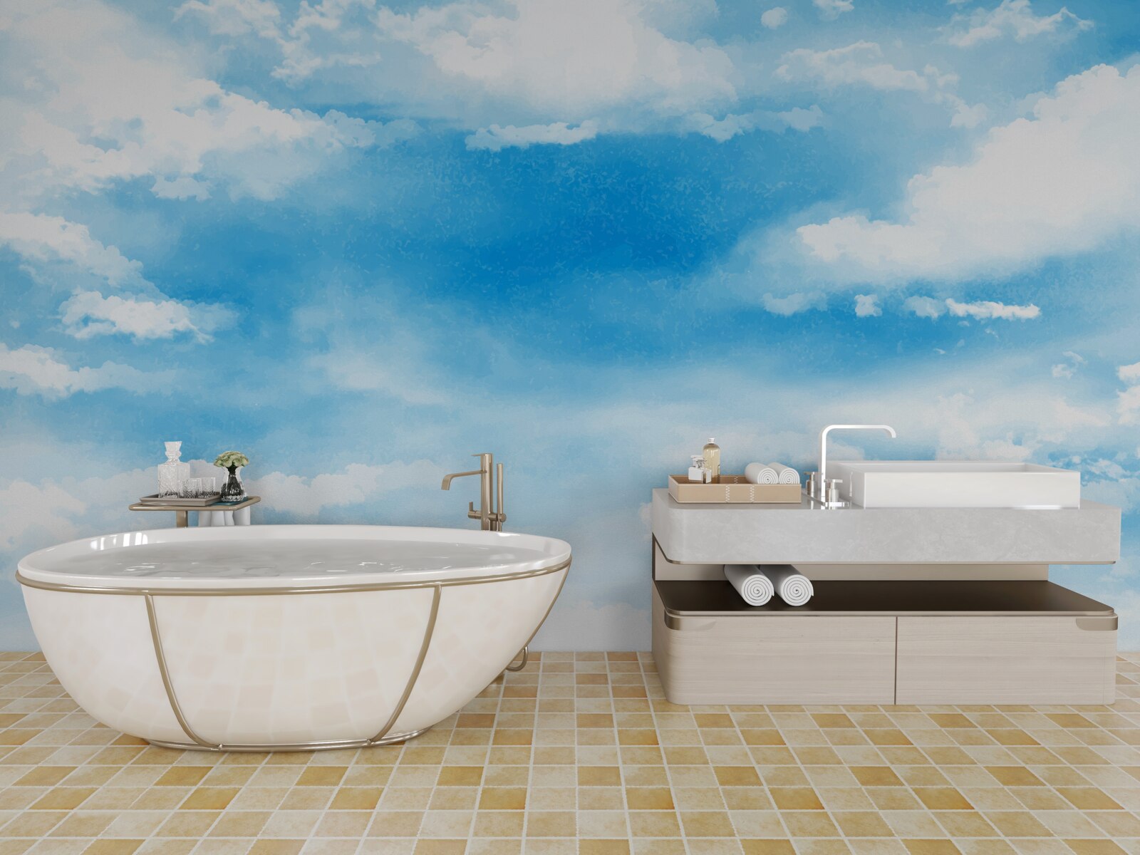 Papier peint le ciel bleu est orné de nuages blancs