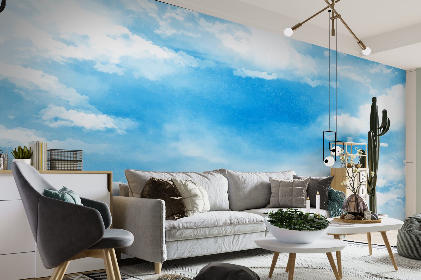 Papier peint le ciel bleu est orné de nuages blancs