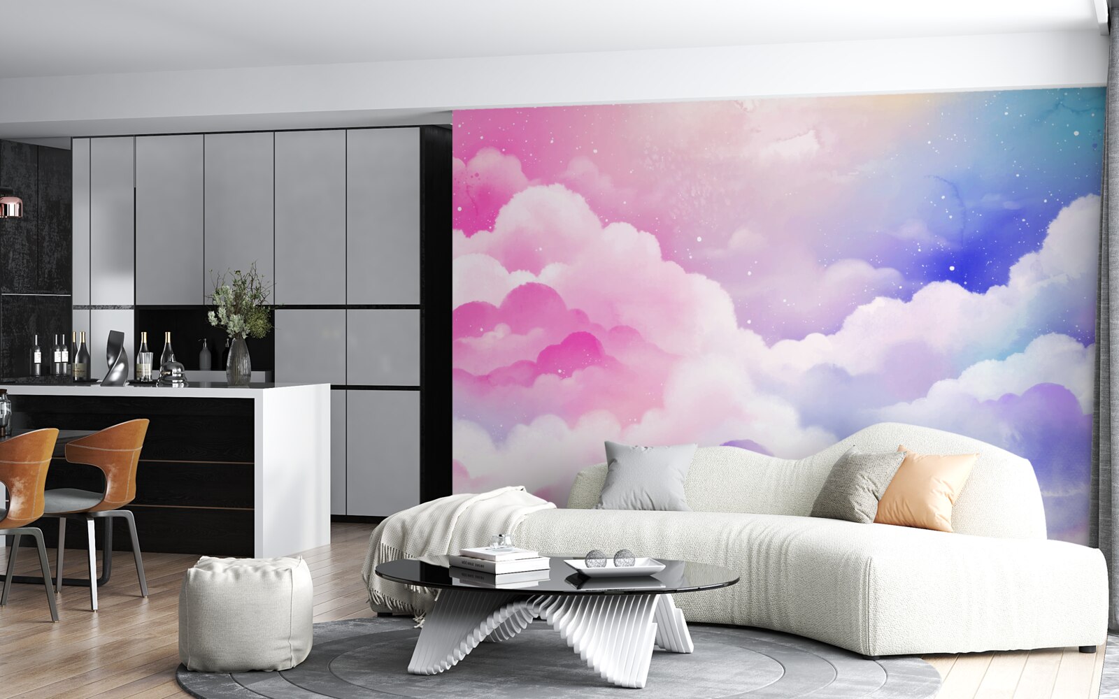 Papier peint le ciel est rose et bleu vif dans un style abstrait