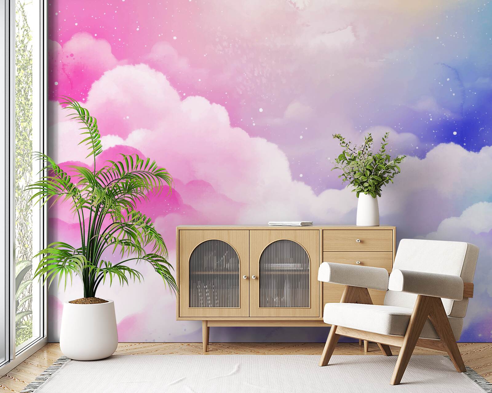 Papier peint le ciel est rose et bleu vif dans un style abstrait