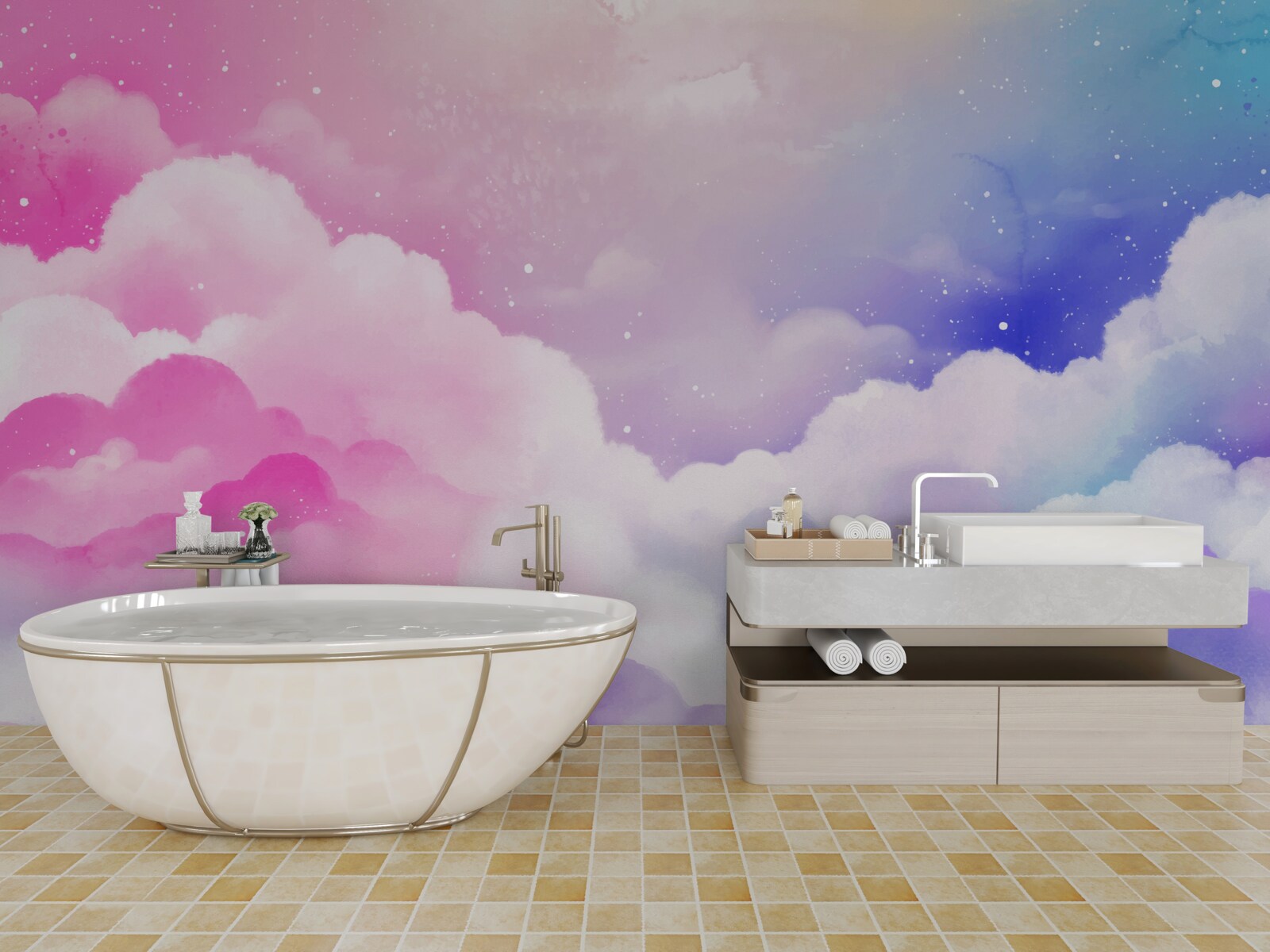 Papier peint le ciel est rose et bleu vif dans un style abstrait