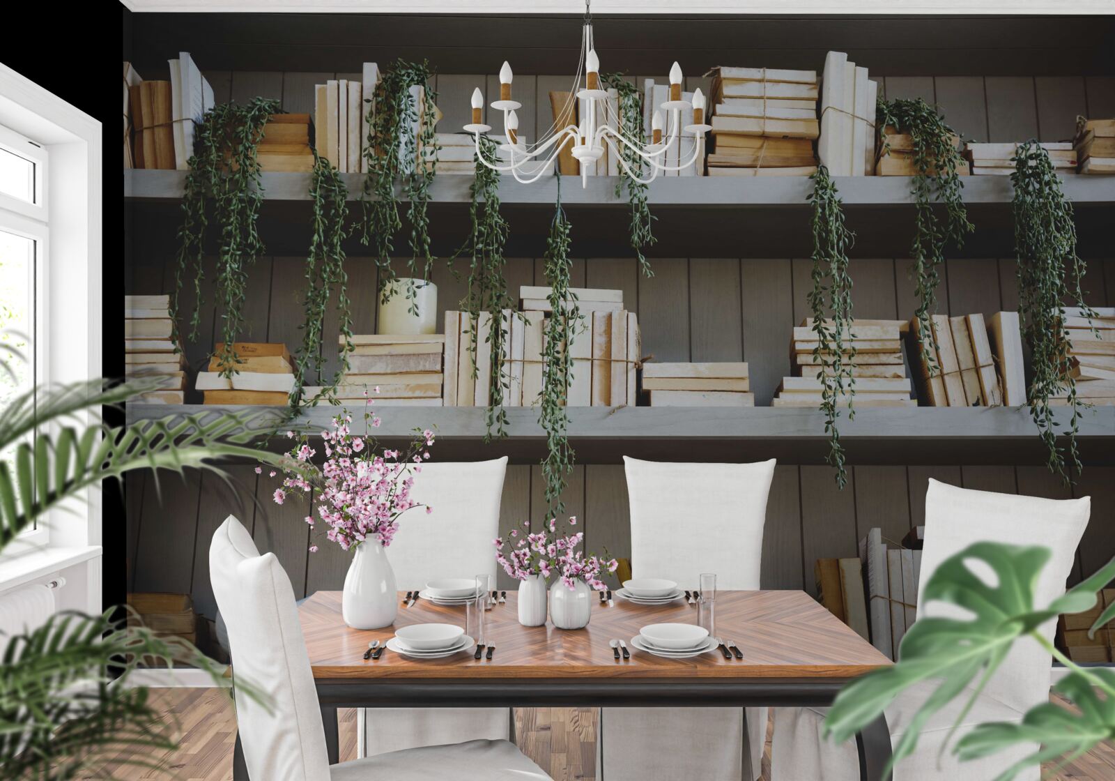 Papier peint des étagères avec des livres et des plantes vertes créent une atmosphère chaleureuse