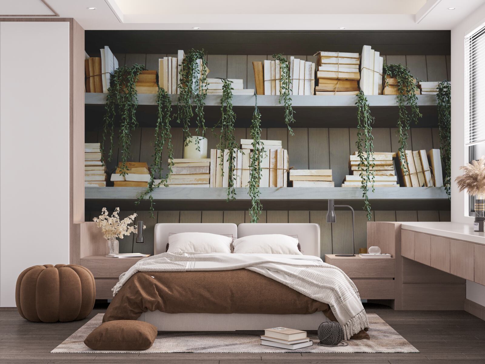 Papier peint des étagères avec des livres et des plantes vertes créent une atmosphère chaleureuse