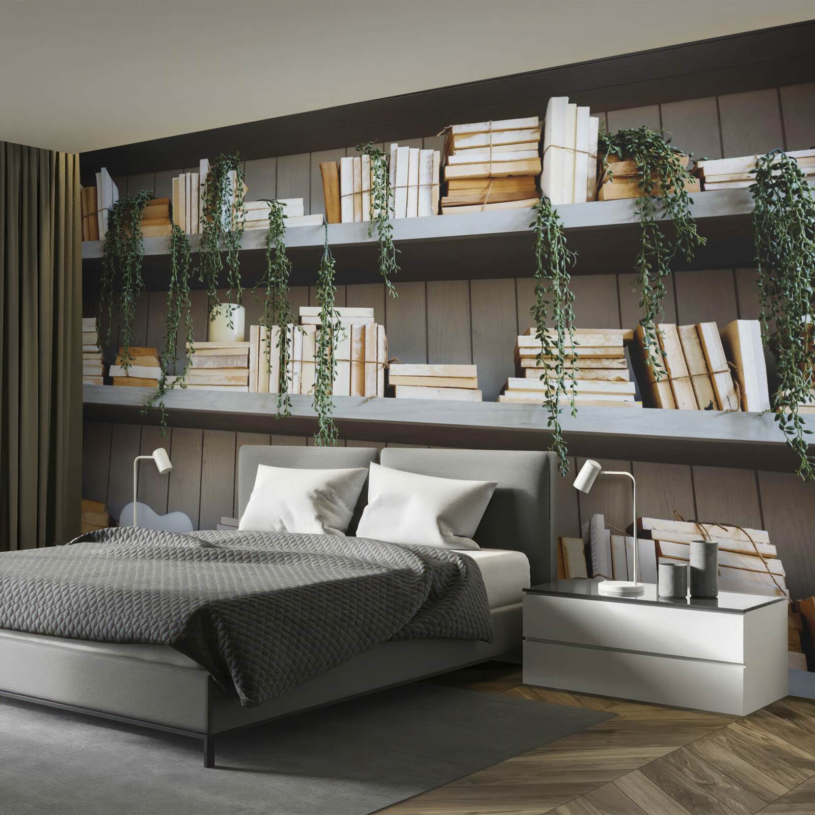 Papier peint des étagères avec des livres et des plantes vertes créent une atmosphère chaleureuse