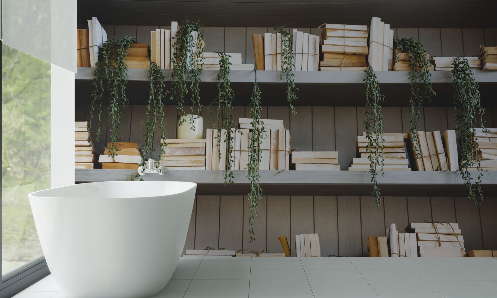 Papier peint des étagères avec des livres et des plantes vertes créent une atmosphère chaleureuse