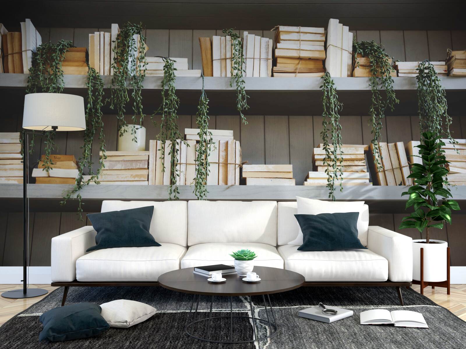 Papier peint des étagères avec des livres et des plantes vertes créent une atmosphère chaleureuse