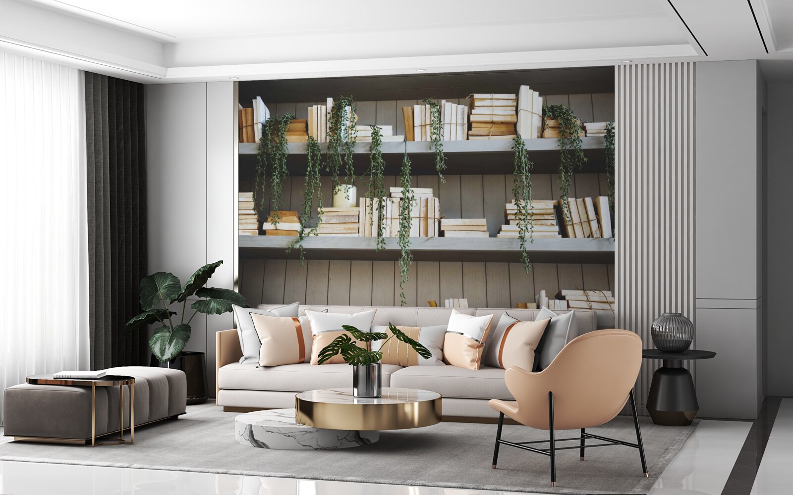 Papier peint des étagères avec des livres et des plantes vertes créent une atmosphère chaleureuse