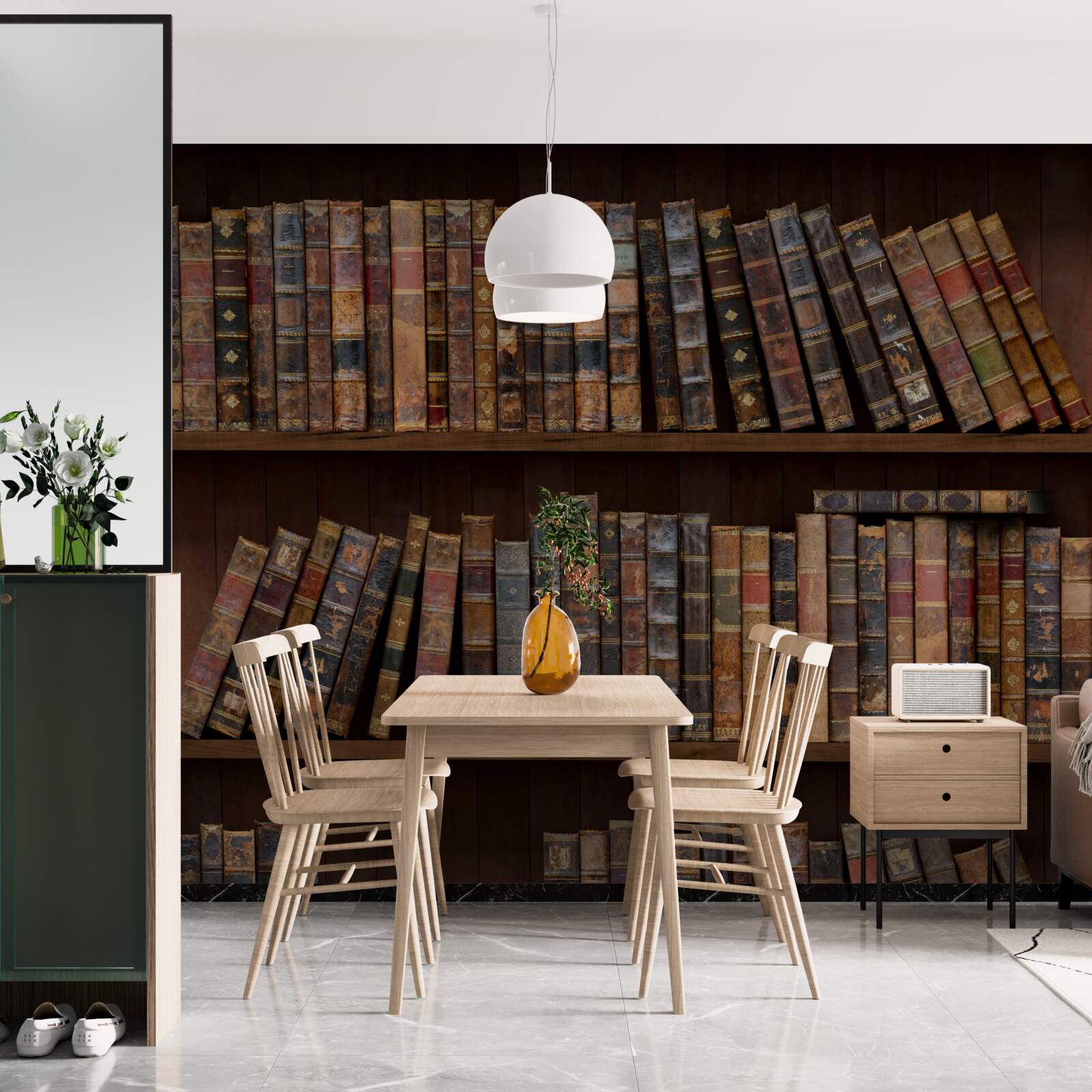 Papier peint volumes anciens sur meubles