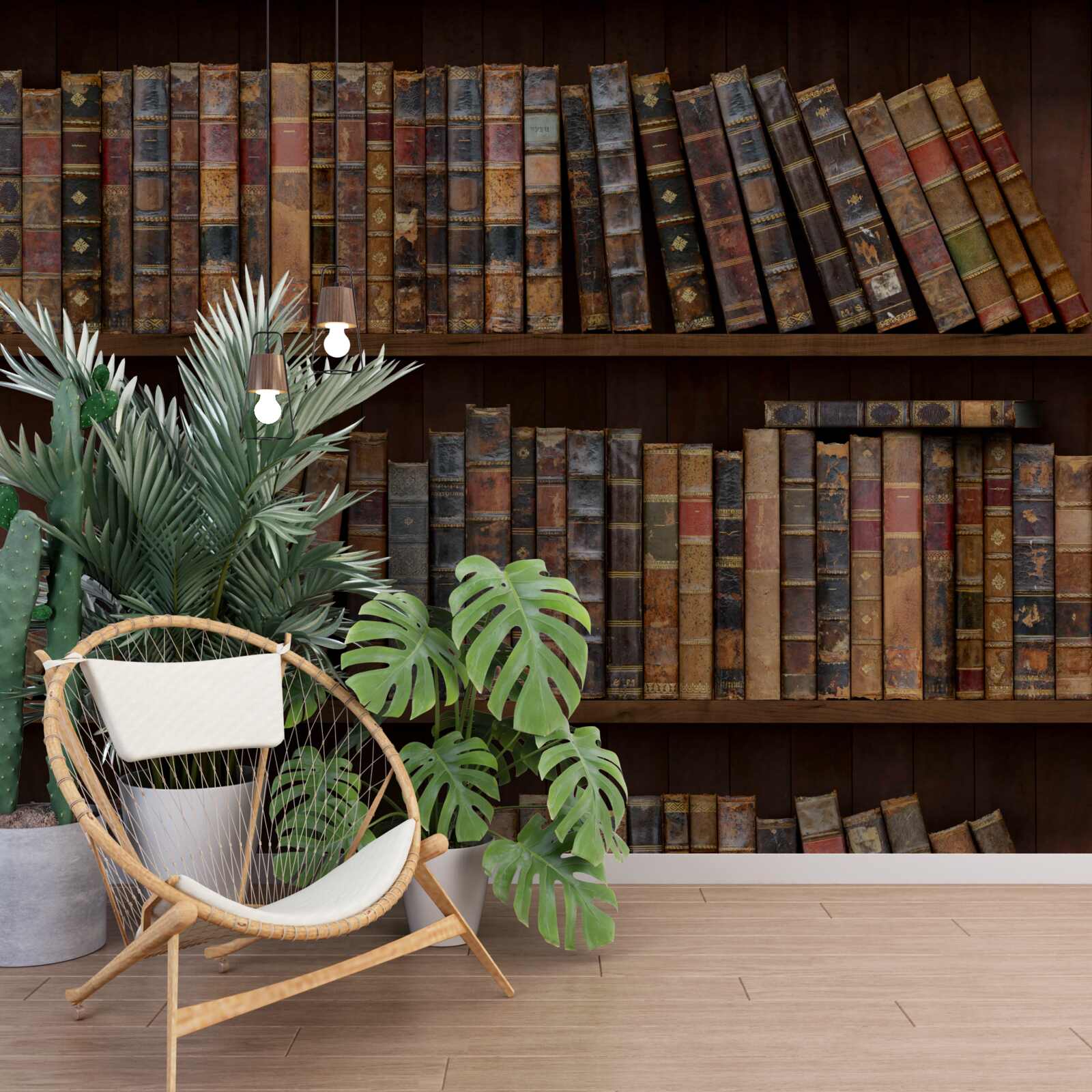 Papier peint volumes anciens sur meubles