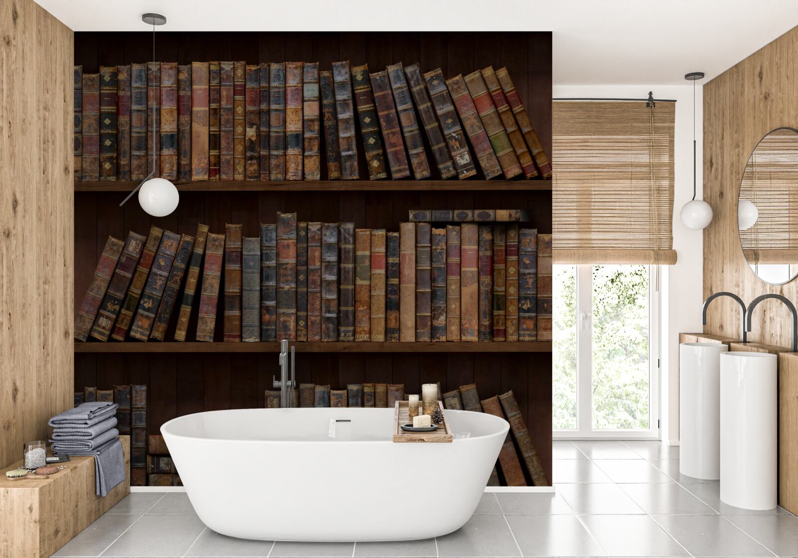 Papier peint volumes anciens sur meubles