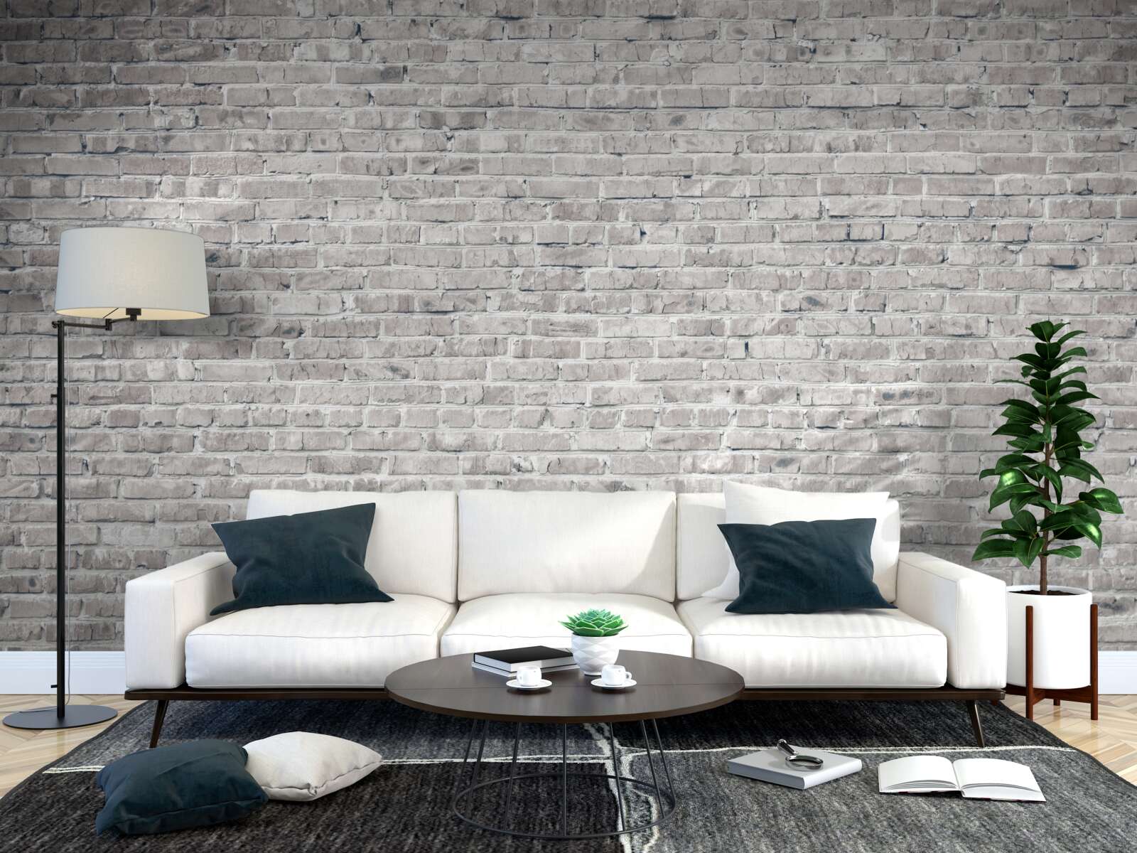 Papier peint mur en briques grises et blanches