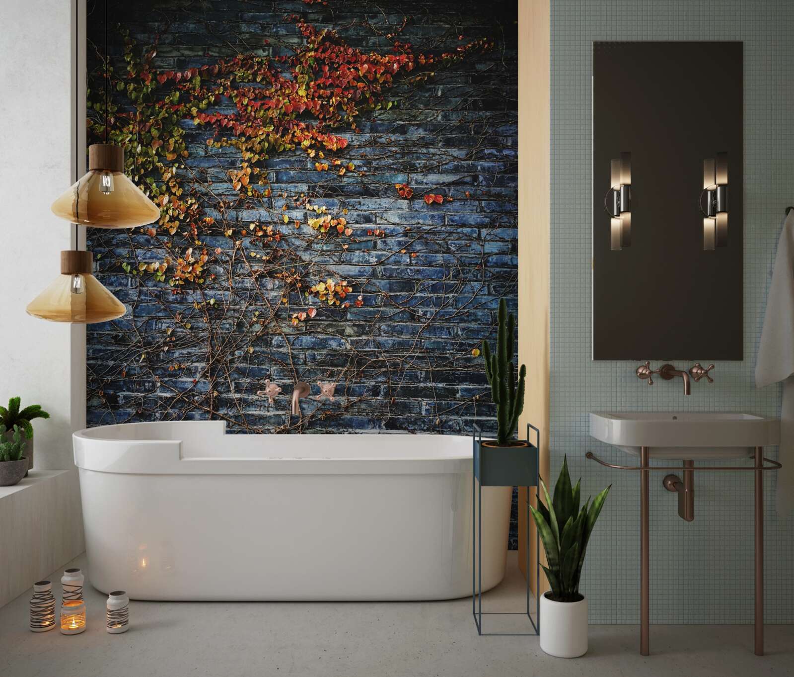 Papier peint lierre descendant d'un mur de briques