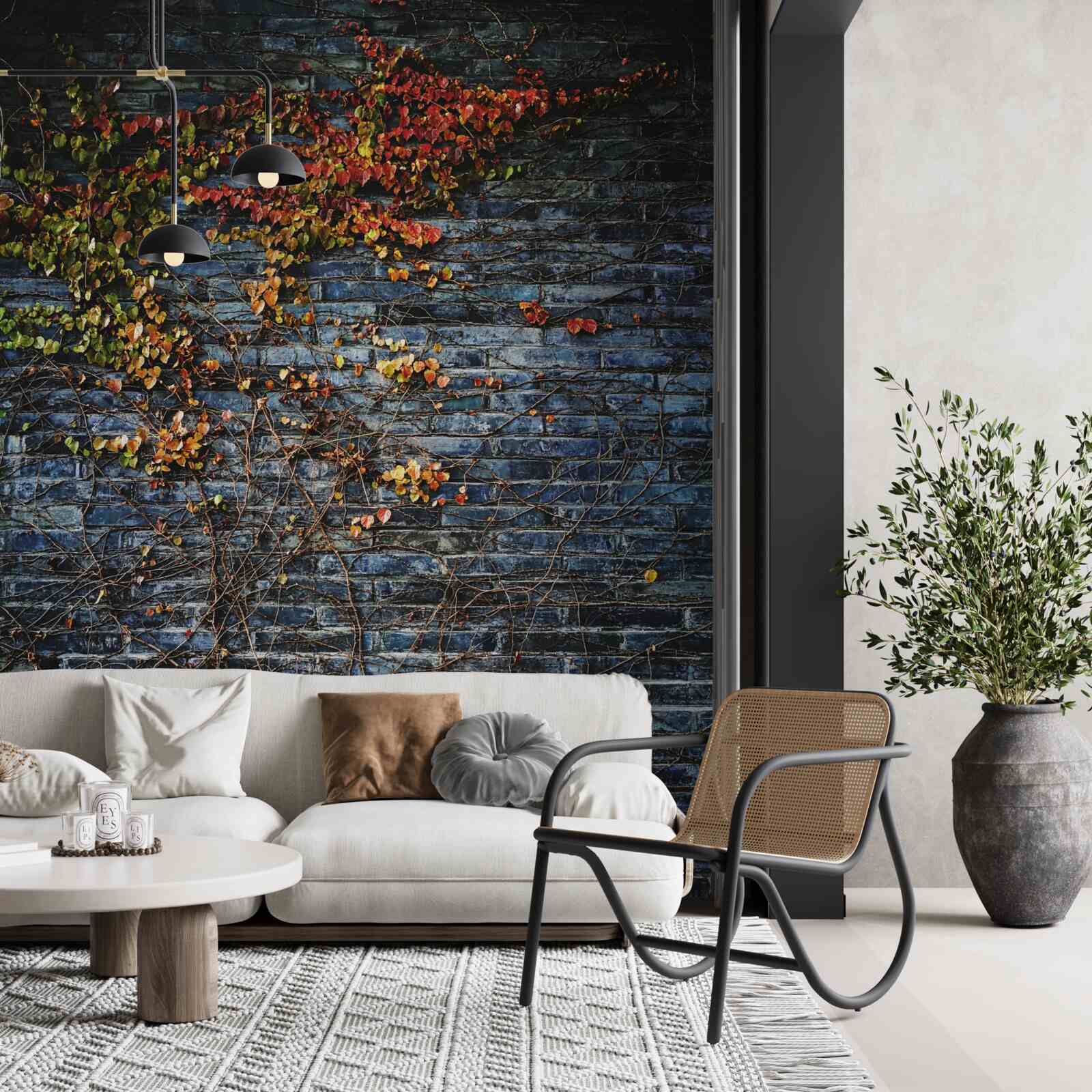 Papier peint lierre descendant d'un mur de briques