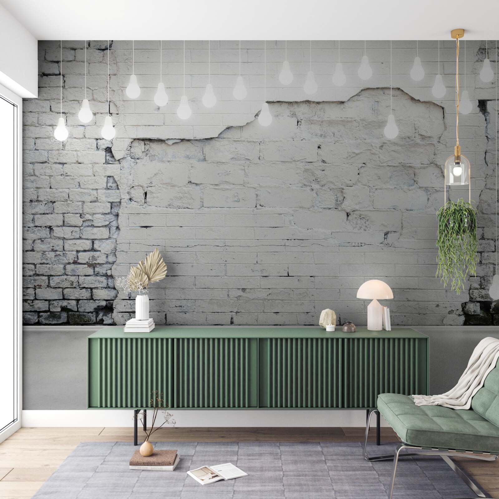 Papier peint mur de briques blanches et ampoules électriques