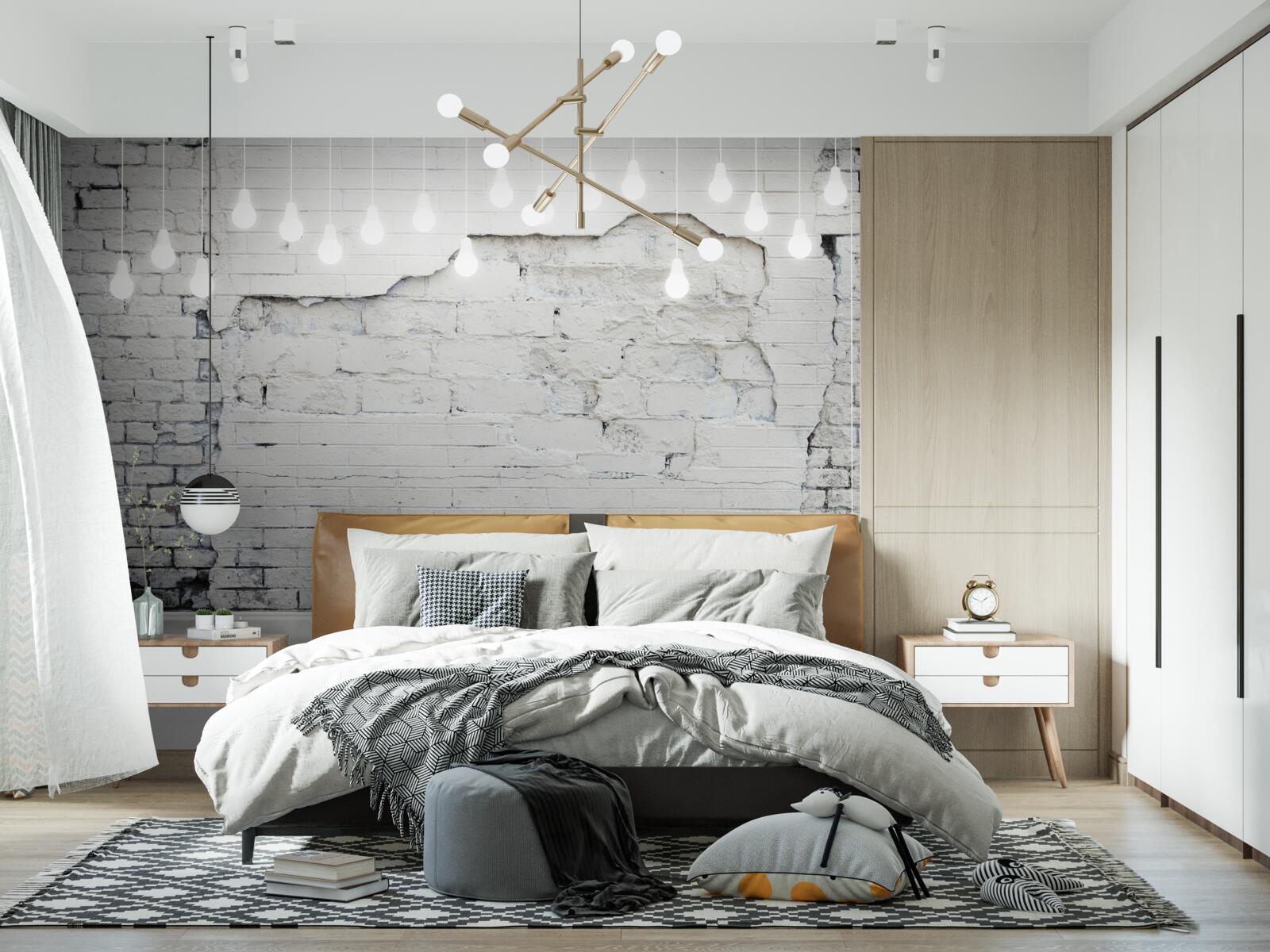 Papier peint mur de briques blanches et ampoules électriques