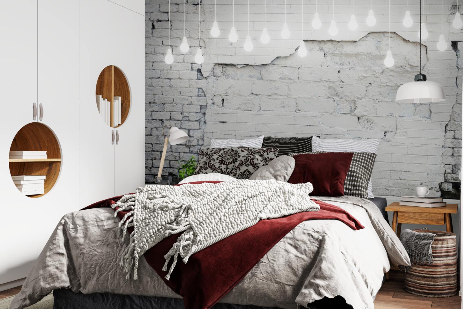 Papier peint mur de briques blanches et ampoules électriques