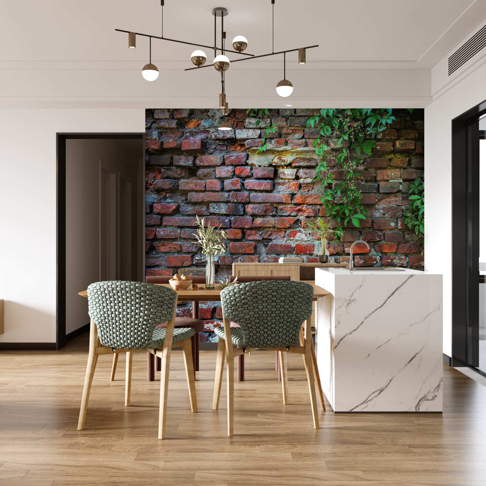 Papier peint le vieux mur de briques est décoré de verdure