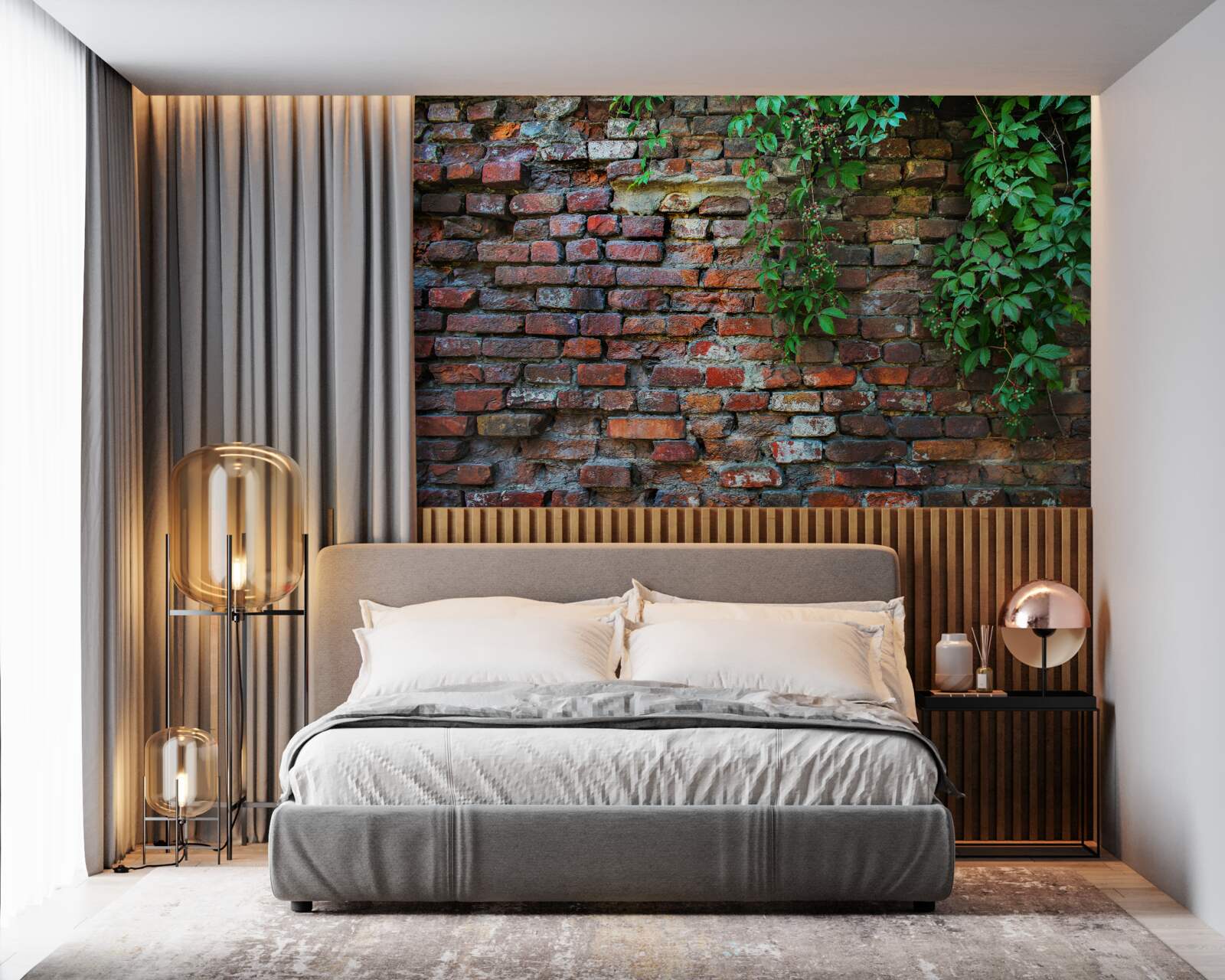 Papier peint le vieux mur de briques est décoré de verdure