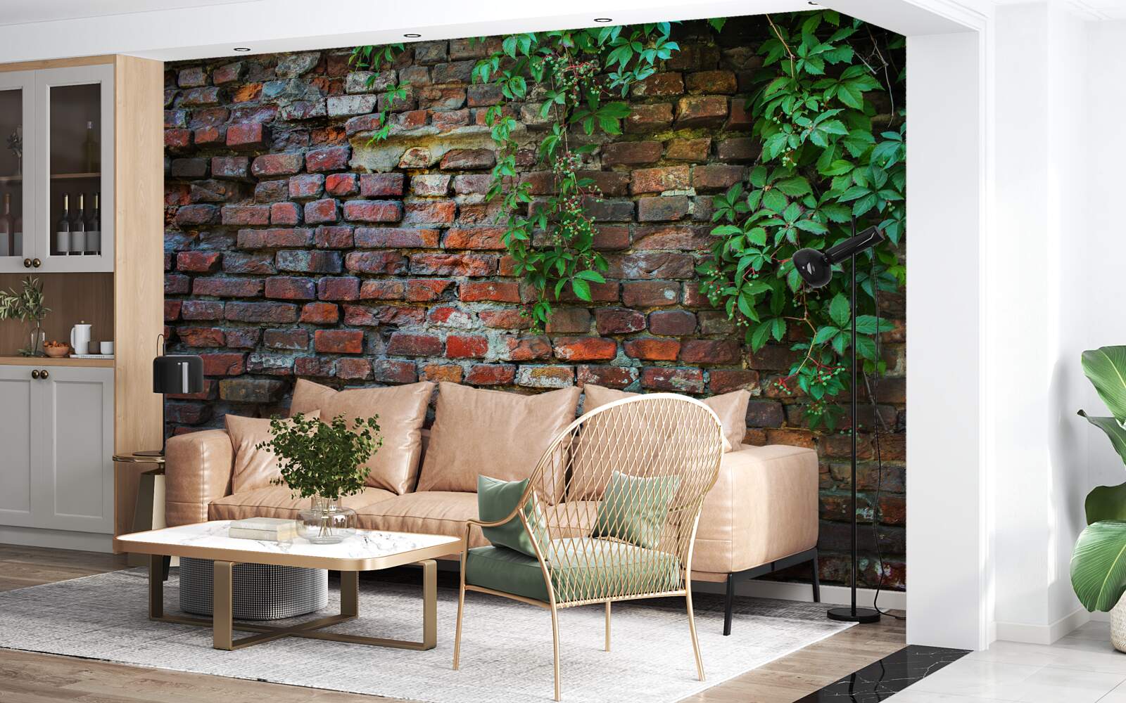 Papier peint le vieux mur de briques est décoré de verdure