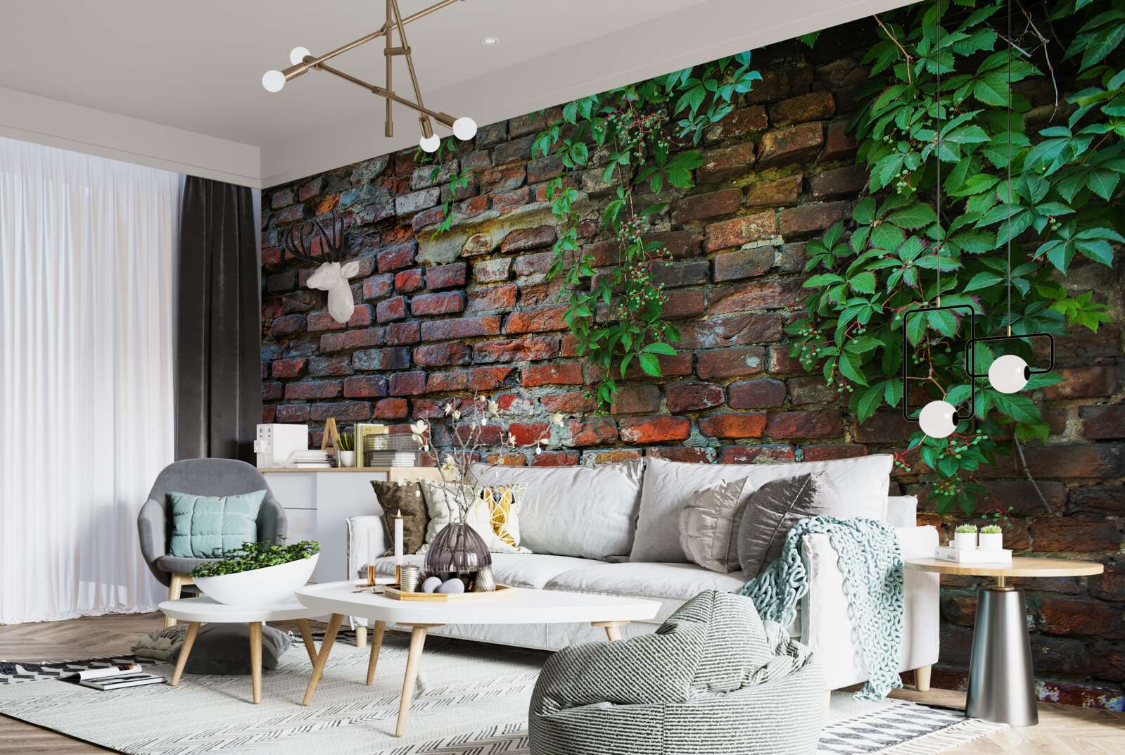 Papier peint le vieux mur de briques est décoré de verdure