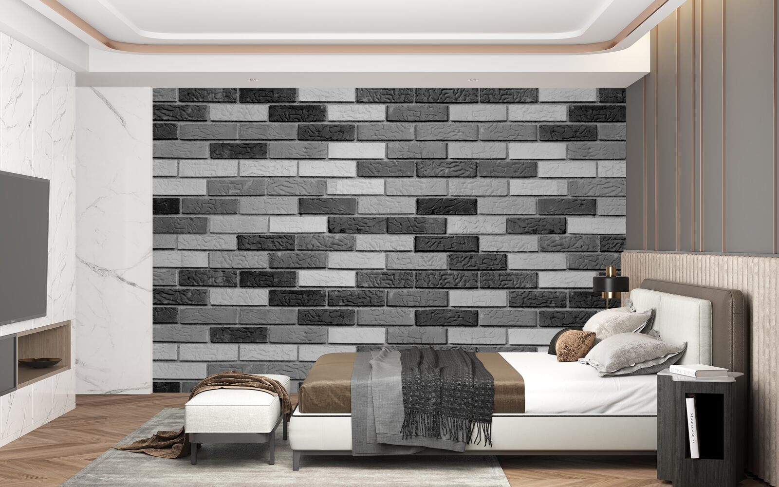 Papier peint Mur de briques noir et blanc