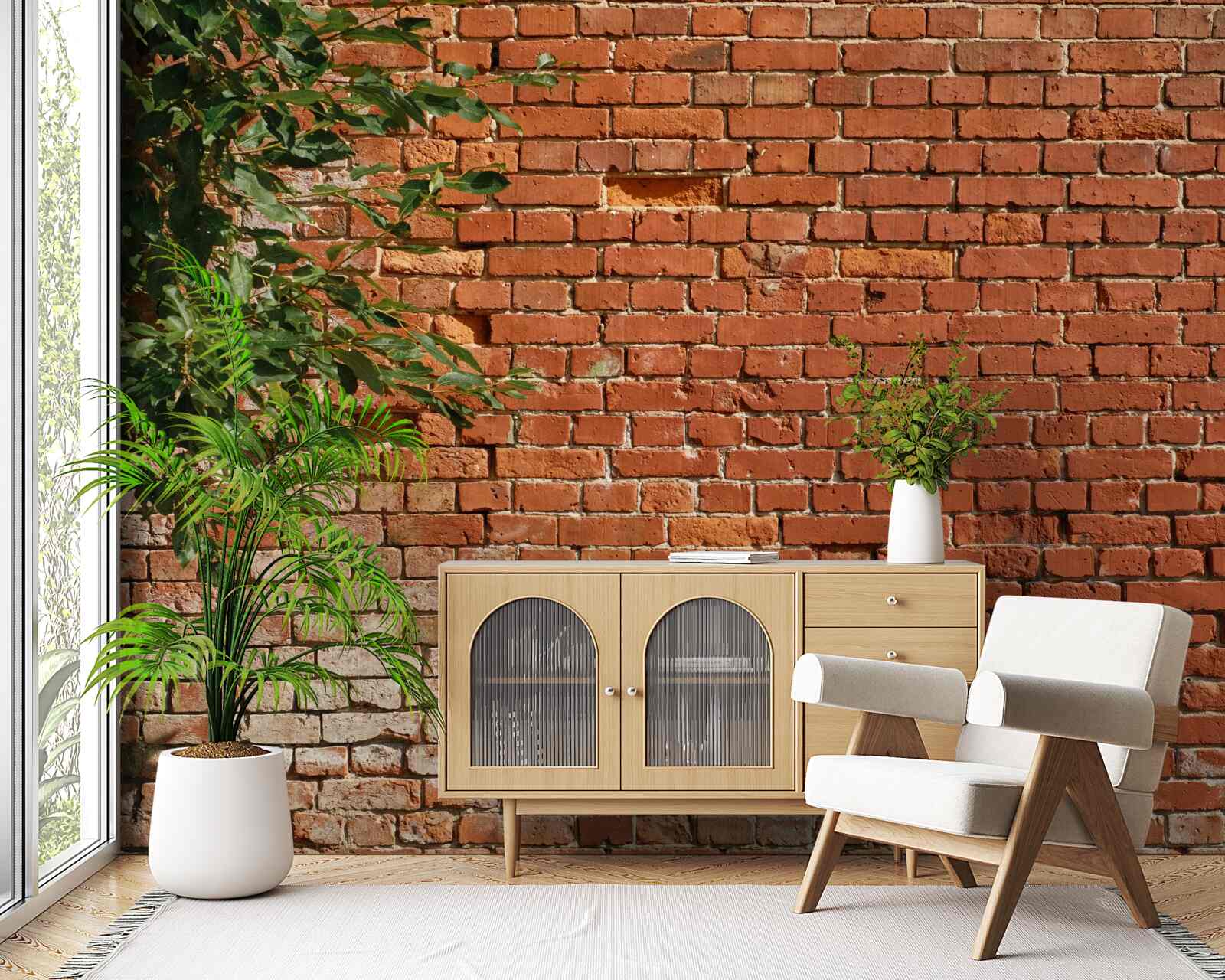 Papier peint une branche de bois à côté d'une barrière en briques