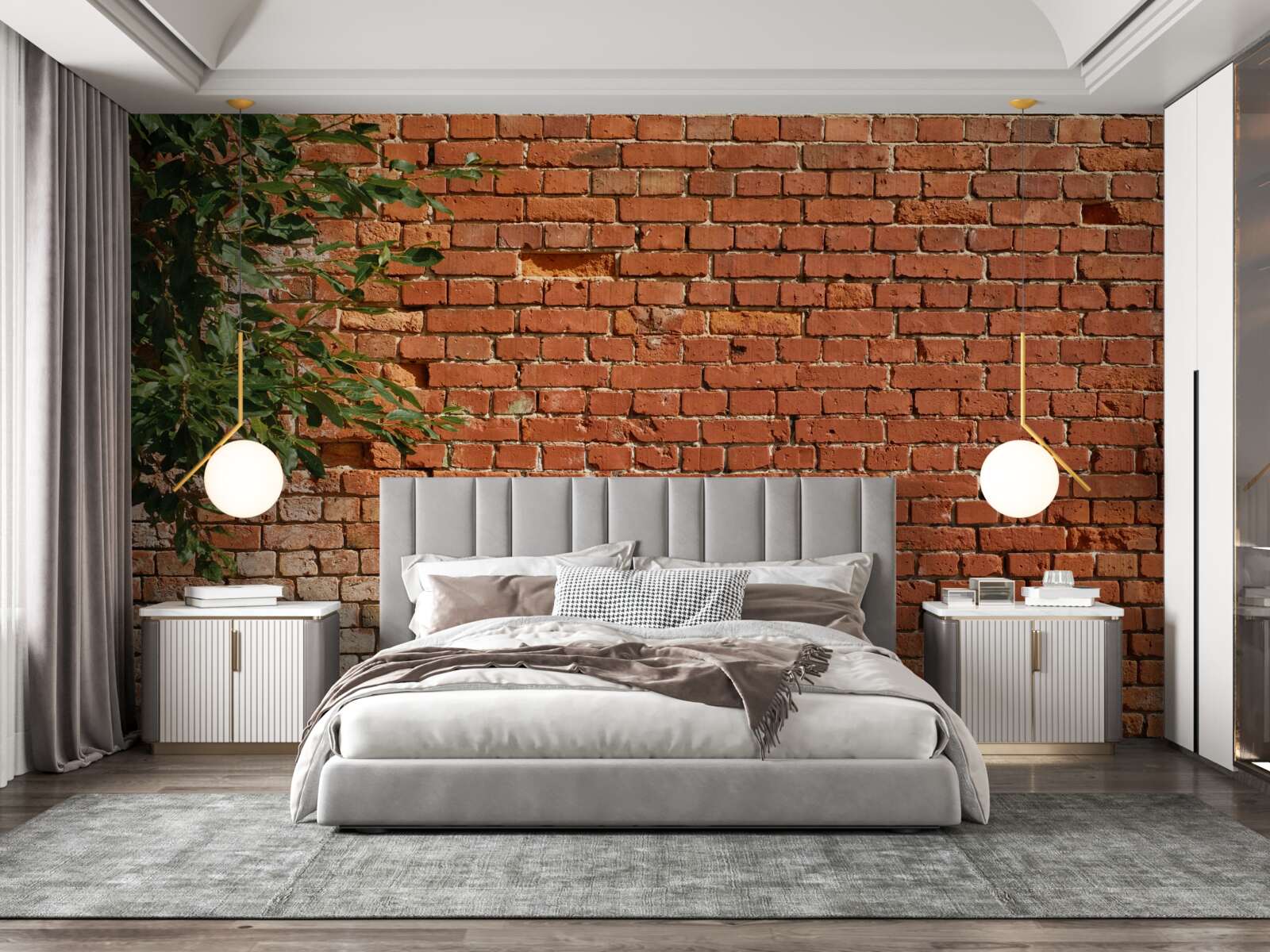 Papier peint une branche de bois à côté d'une barrière en briques