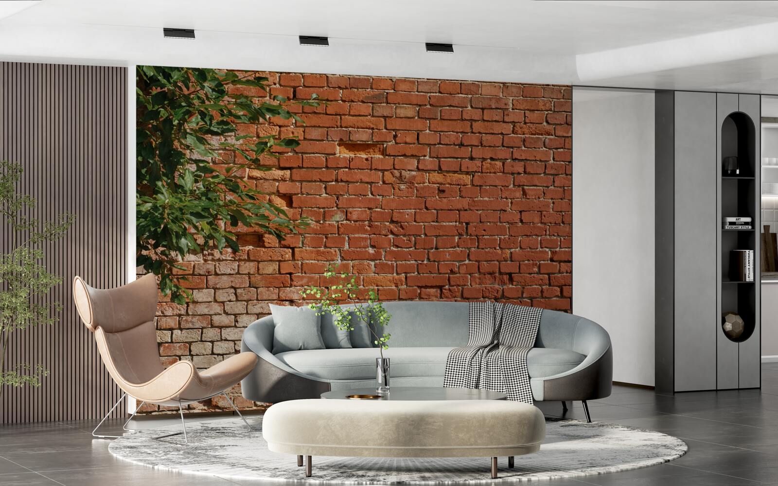 Papier peint une branche de bois à côté d'une barrière en briques