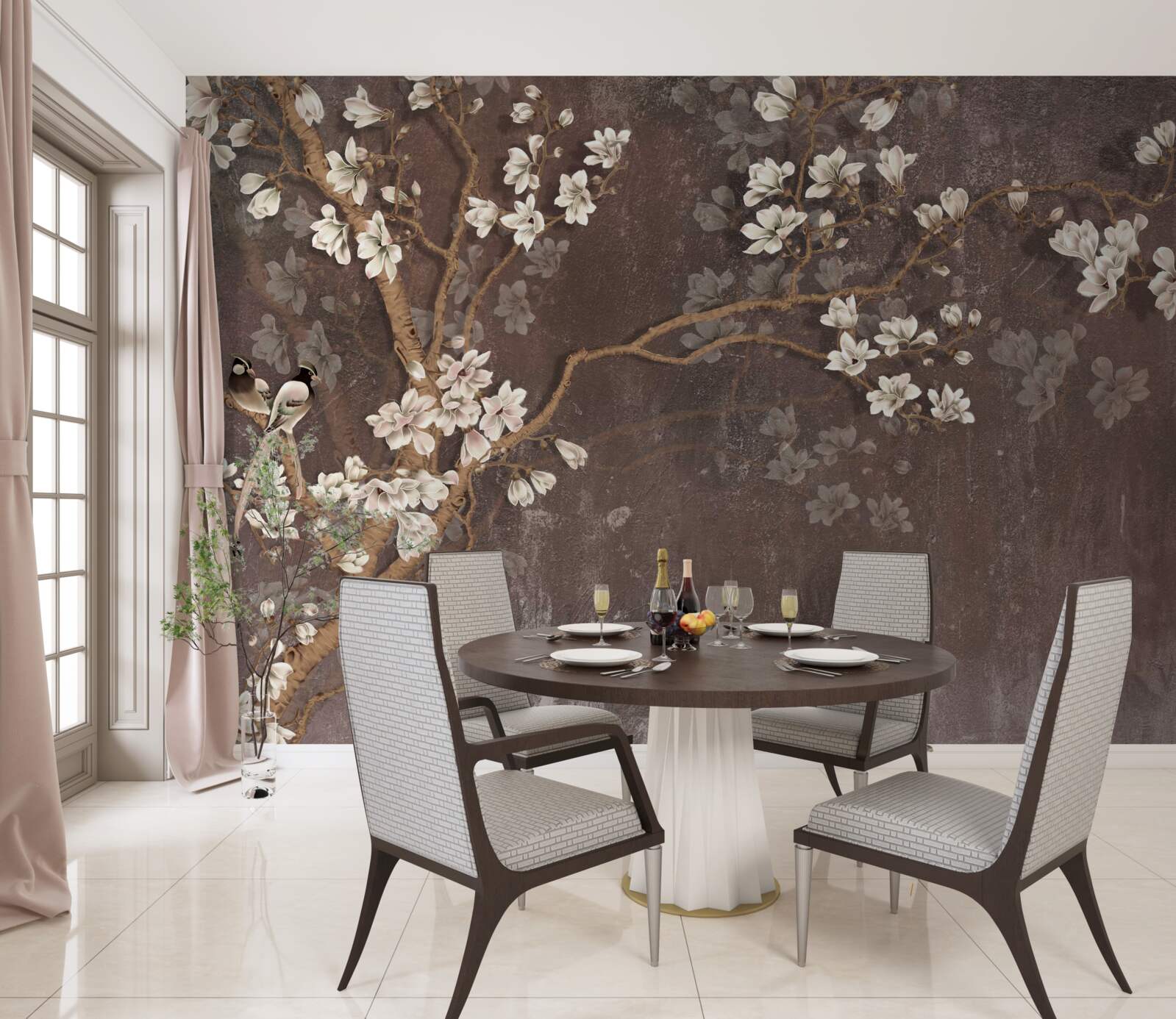 Papier peint deux oiseaux créatures sur un arbre surmonté de fleurs