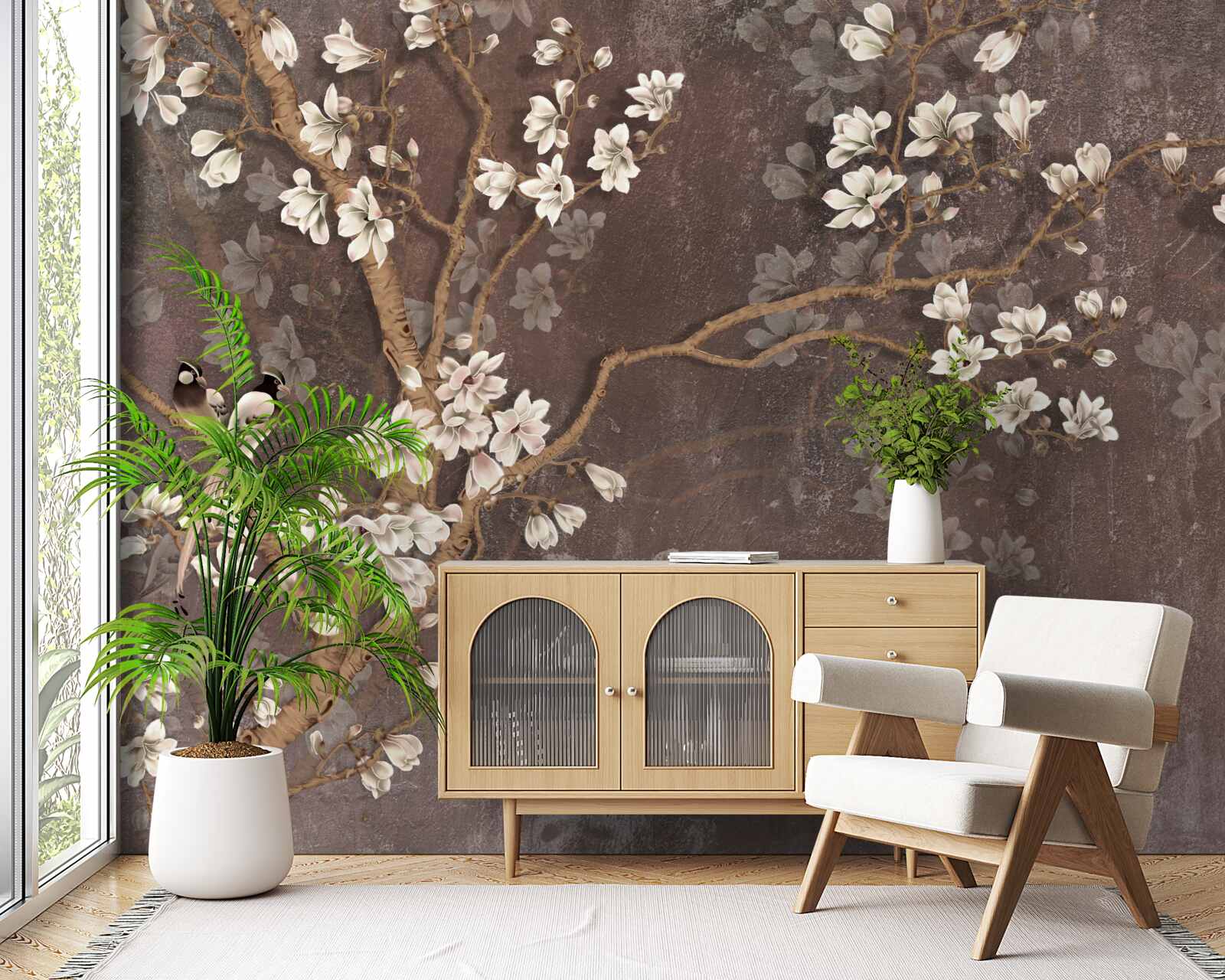 Papier peint deux oiseaux créatures sur un arbre surmonté de fleurs