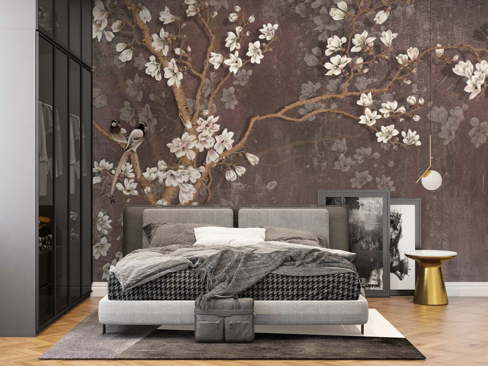 Papier peint deux oiseaux créatures sur un arbre surmonté de fleurs