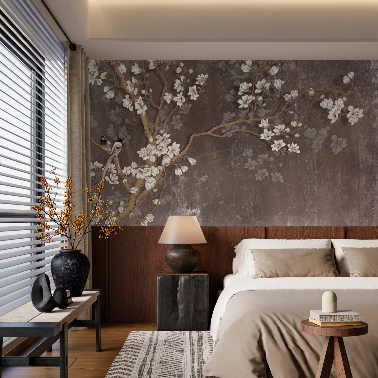 Papier peint deux oiseaux créatures sur un arbre surmonté de fleurs