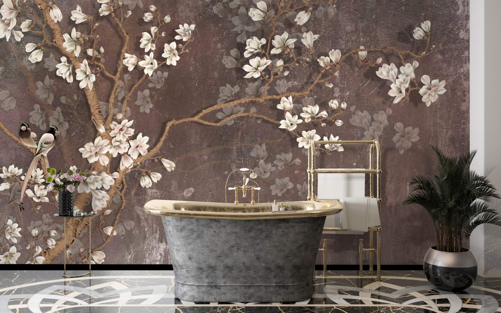 Papier peint deux oiseaux créatures sur un arbre surmonté de fleurs