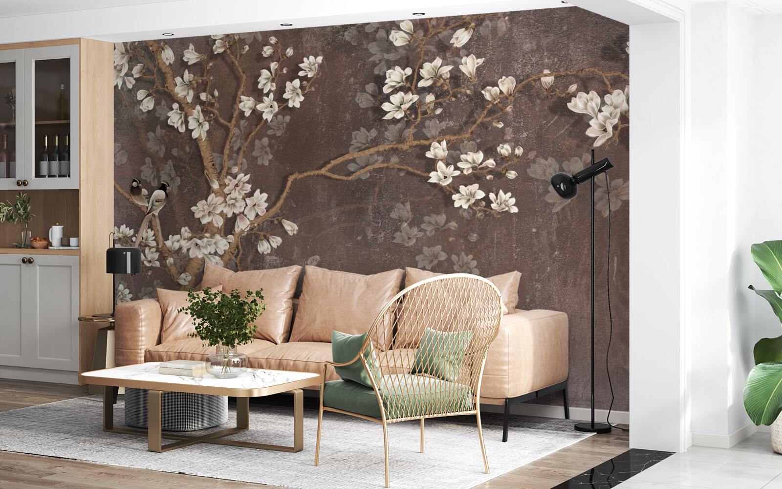 Papier peint deux oiseaux créatures sur un arbre surmonté de fleurs