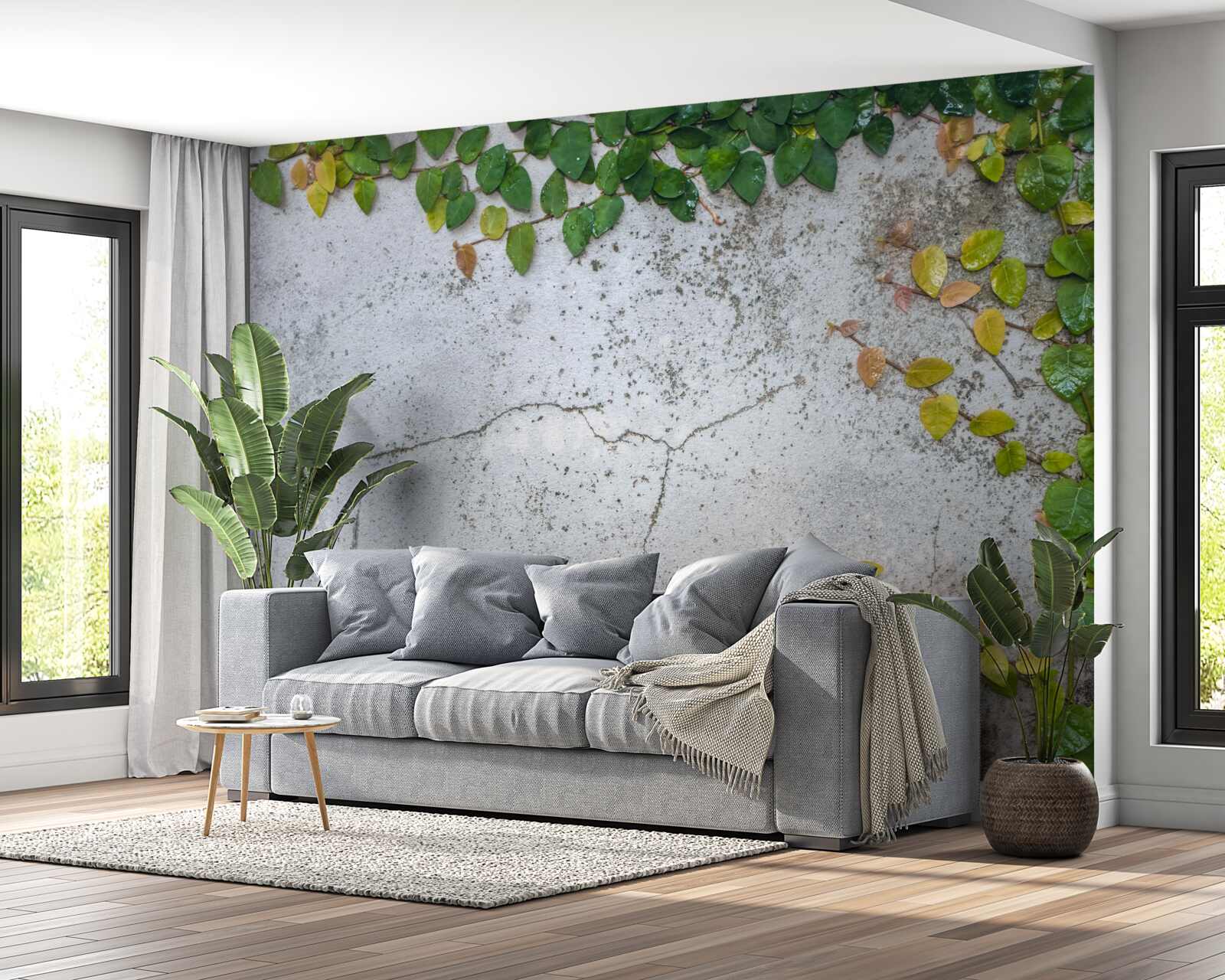 Papier peint les feuilles sont vert-jaune sur fond gris