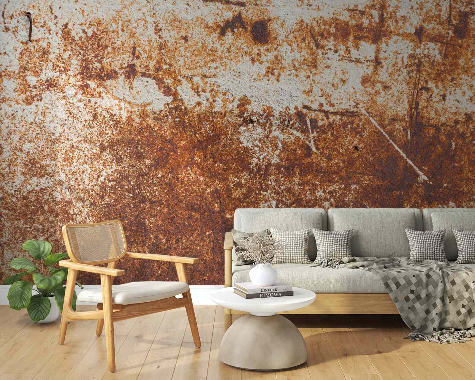 Papier peint mur rayé peint dans des tons rouille foncés