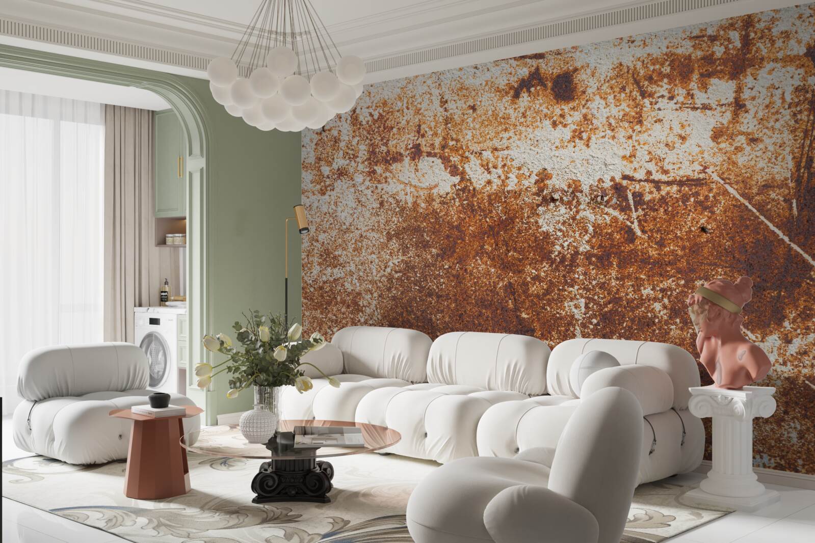 Papier peint mur rayé peint dans des tons rouille foncés